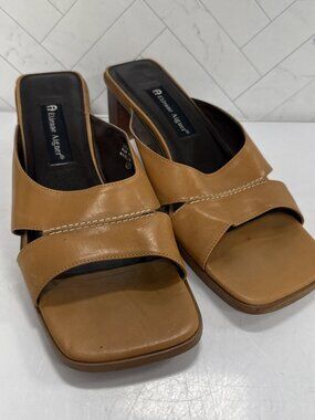 Etienne Aigner Women's SZ 9 1/2M Ginga Tan Leather Open Toe Mules